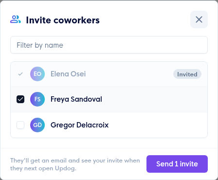 The Invite coworkers panel with one coworker ticked and a Send 1 invite button