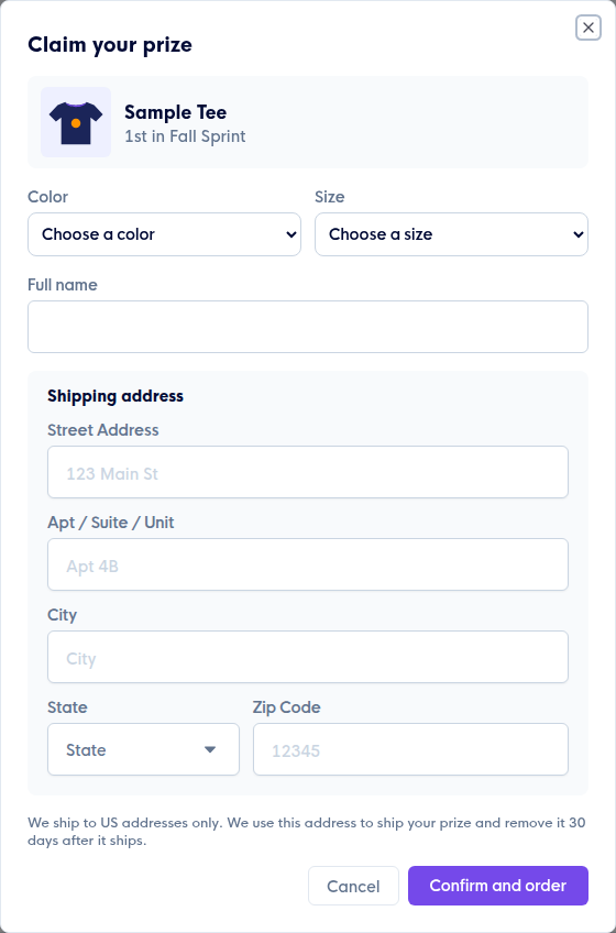 The Claim your prize dialog asking for colour, size, name and a shipping address