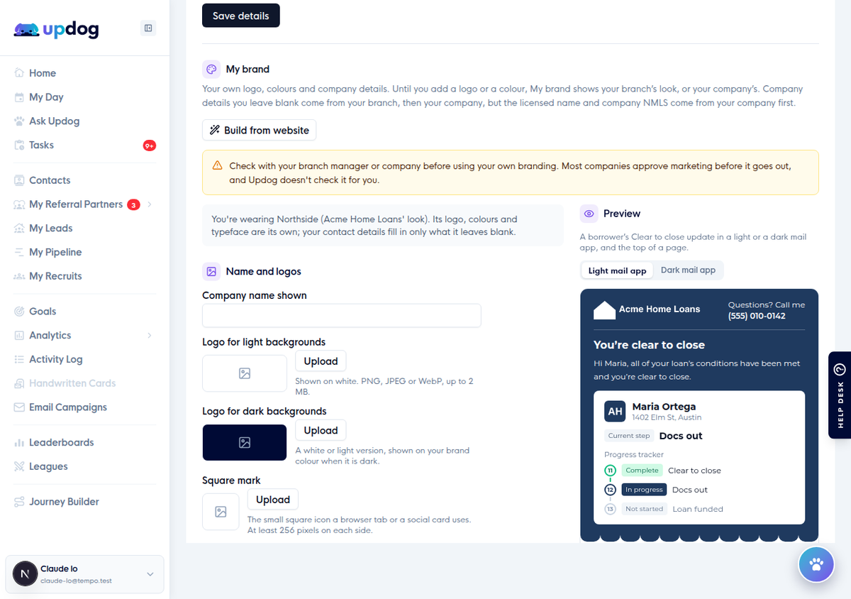 The My brand section of Settings with the Build from website button and an email preview beside it