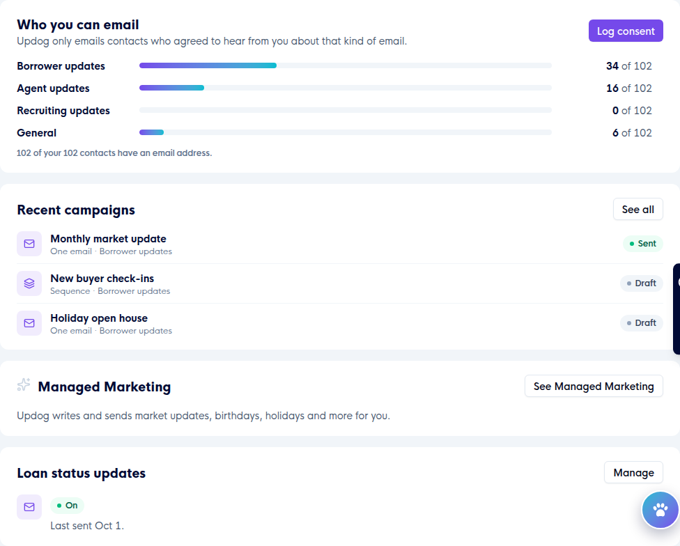 The Email Campaigns overview showing how many contacts can get each kind of email and recent campaigns