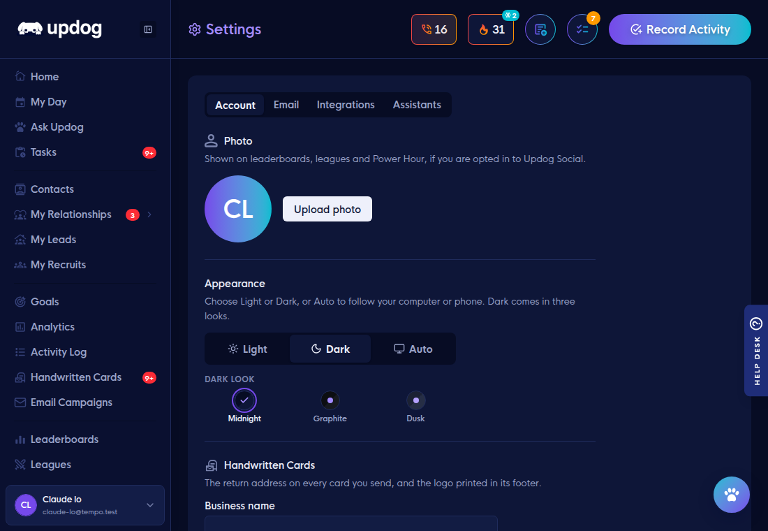 The Appearance section of Settings with Dark selected and the Midnight look chosen, shown in dark mode