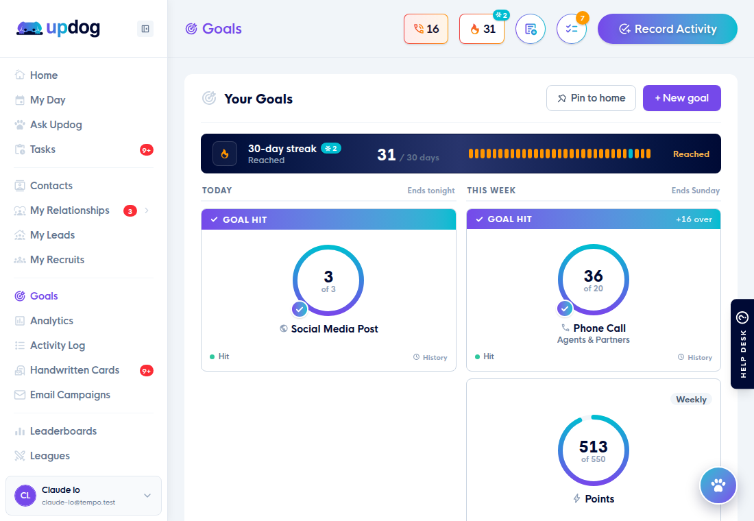 The Goals page with a streak band and ring goals under Today and This week