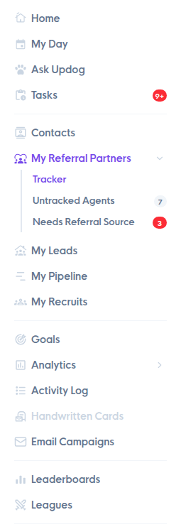 The side menu with My Referral Partners open to Tracker, Untracked Agents and Needs Referral Source