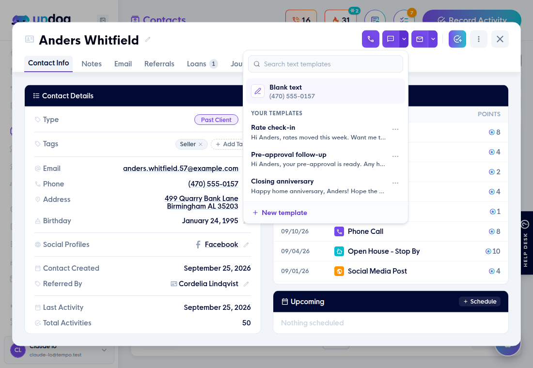 A contact card with the Text templates picker open, listing Blank text and three saved templates