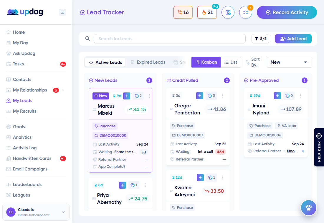 The Lead Tracker board with New Leads, Credit Pulled and Pre-Approved columns