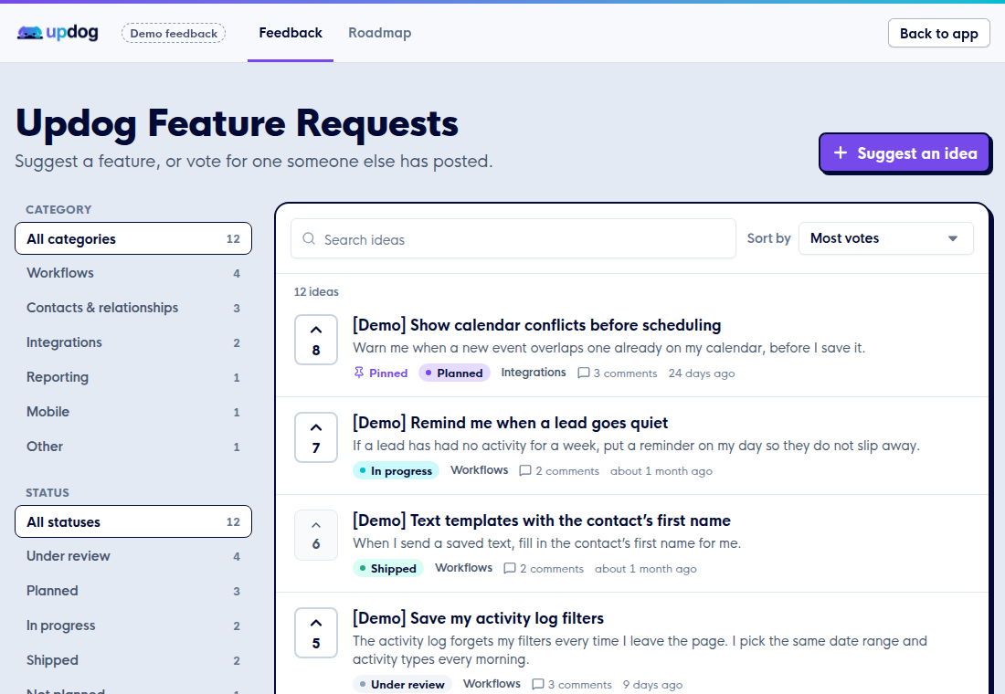 The Updog Feature Requests board with ideas, vote counts and category filters