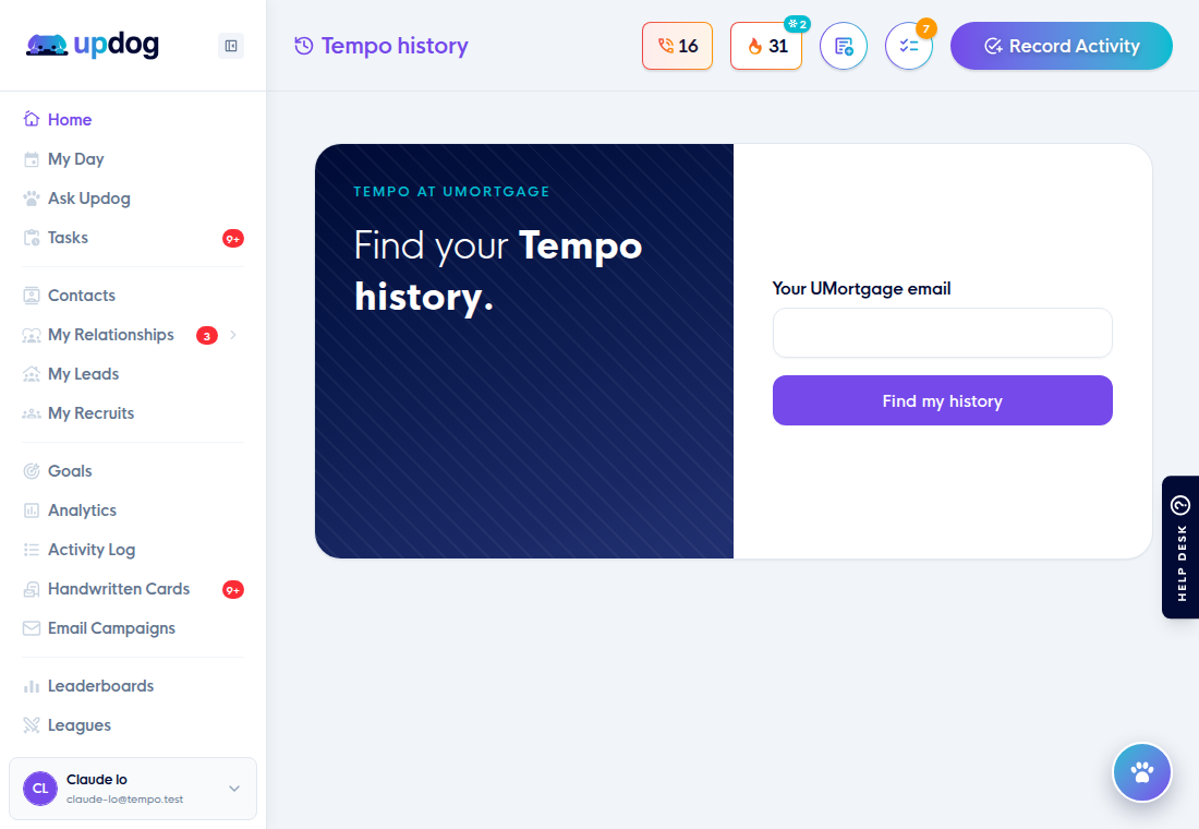 The Tempo history page with a Find your Tempo history card and a UMortgage email field