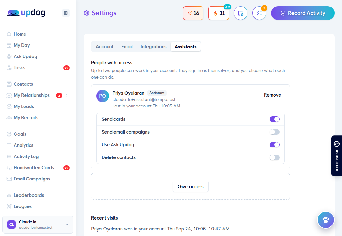 Settings β Assistants showing one assistant with four permission switches and a Give access button