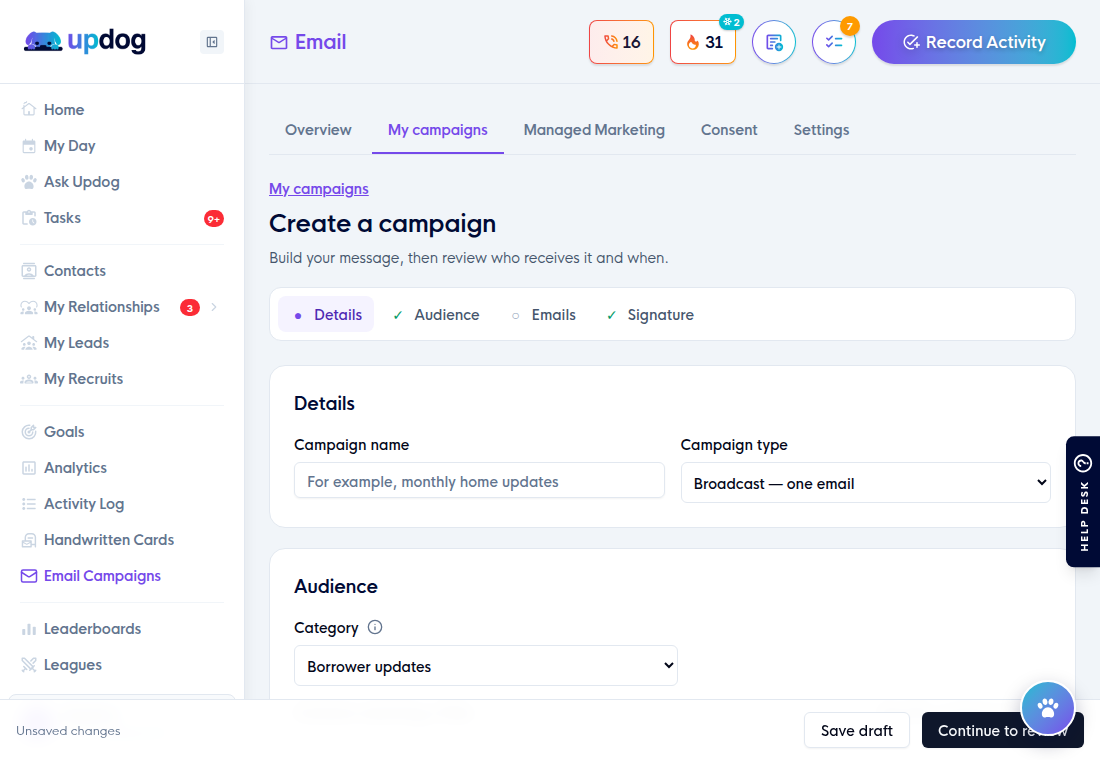 The Create a campaign page with Details, Audience, Emails and Signature steps